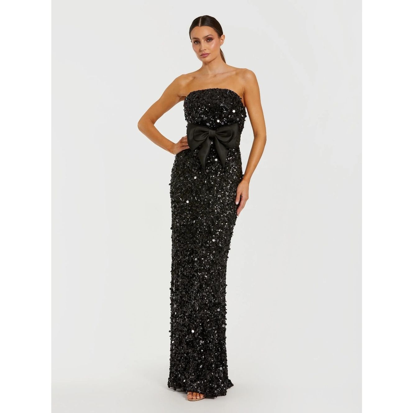 New Mac Duggal 27761 Black Strapless Sequin Evening Gown With Bow Size 6